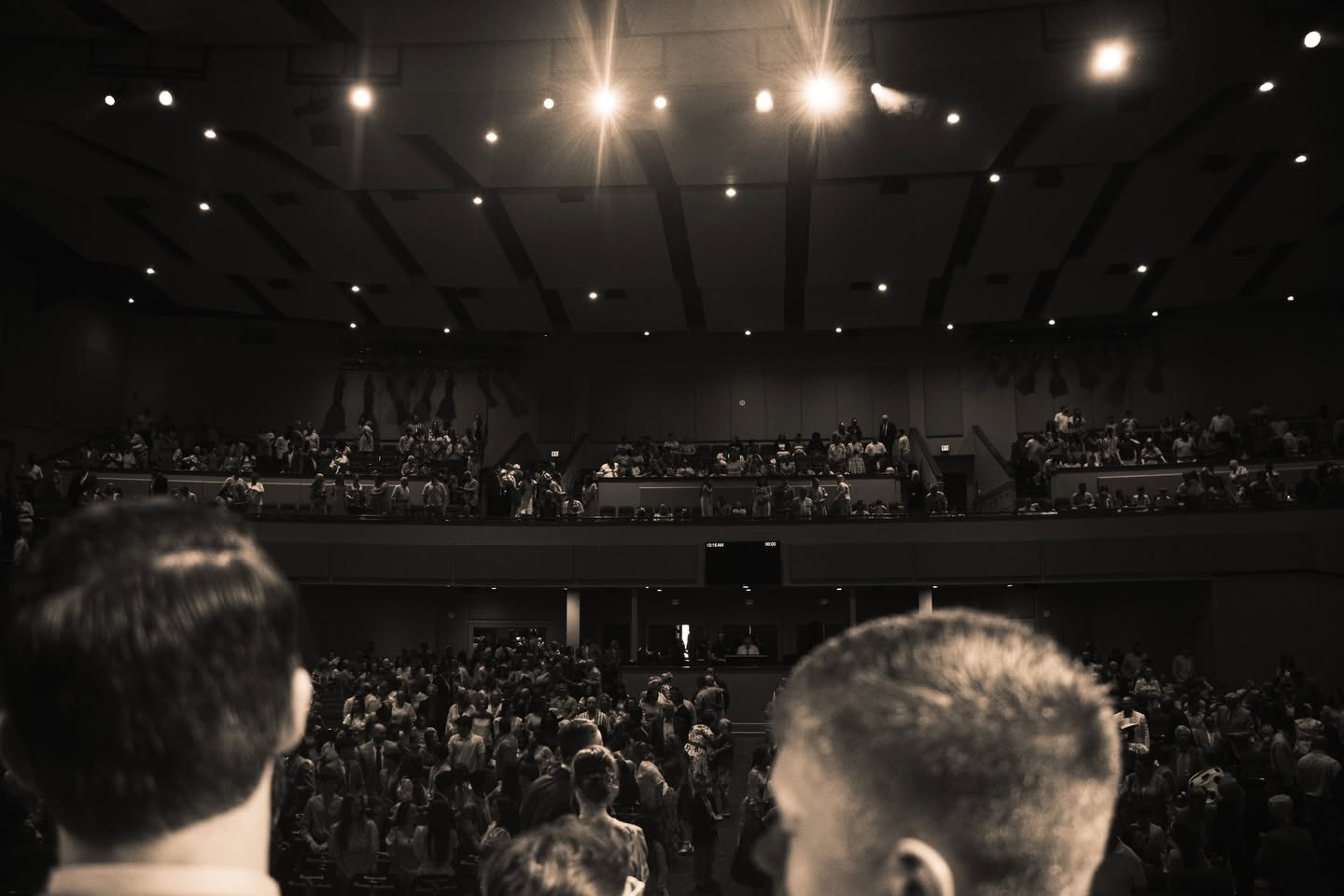 A full auditorium gathered for worship